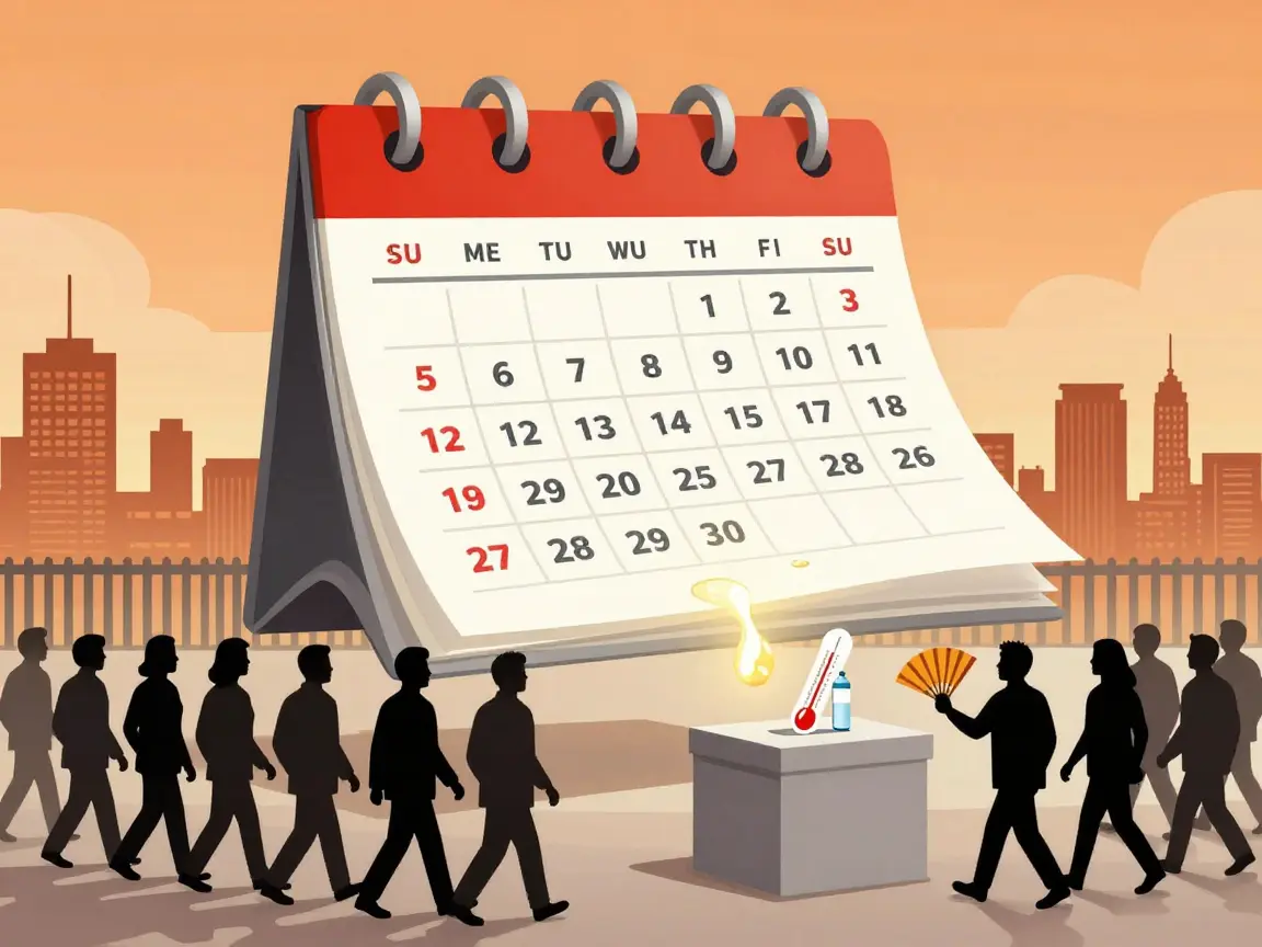 Calendario gigante sobre una ciudad calurosa con gente generica caminando hacia una urna.