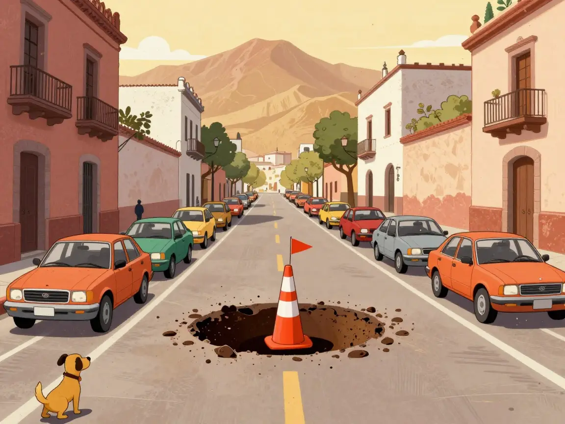 Caricatura de un bache enorme en una calle con un cono y autos rodeándolo.