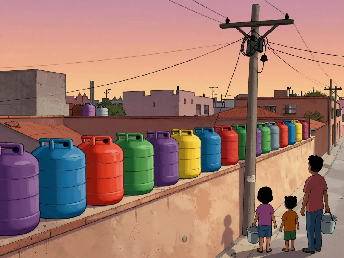 Caricatura de tinacos en azoteas frente a un poste eléctrico enredado, con una familia de espaldas con cubetas vacías