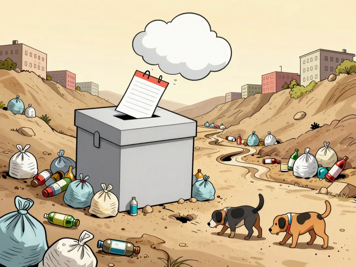 Caricatura de un arroyo seco lleno de basura, dos perros olfateando y una urna con calendario flotando como nube