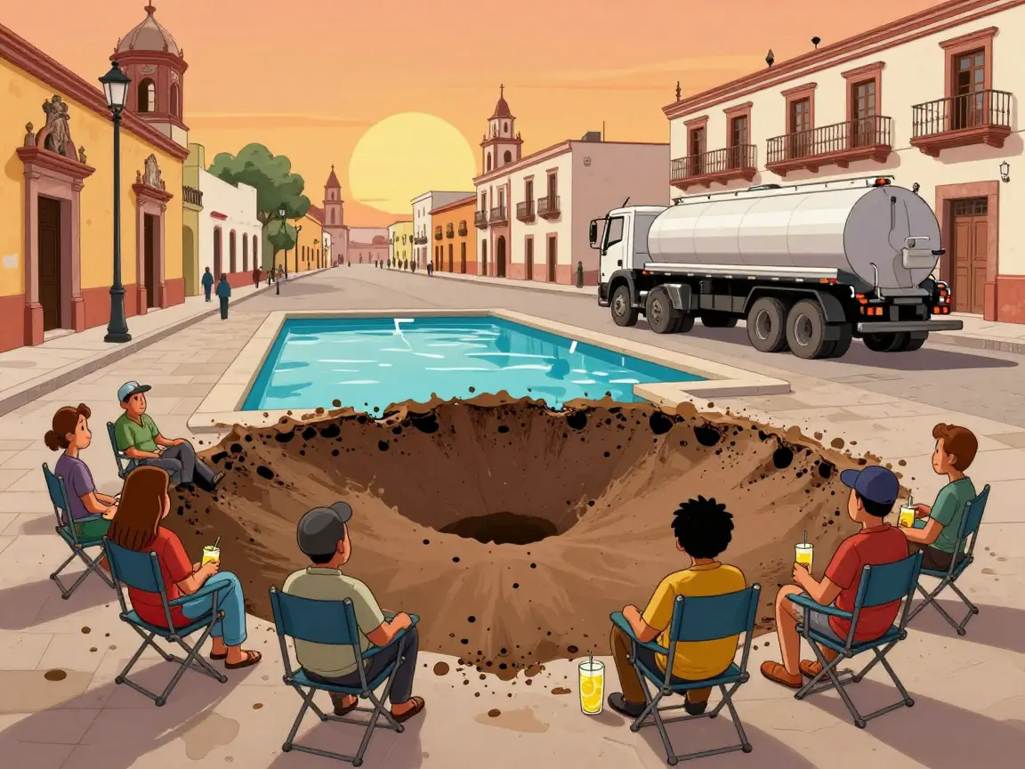 Caricatura de un bache enorme convertido en alberca en una calle colonial, con gente de espaldas alrededor.