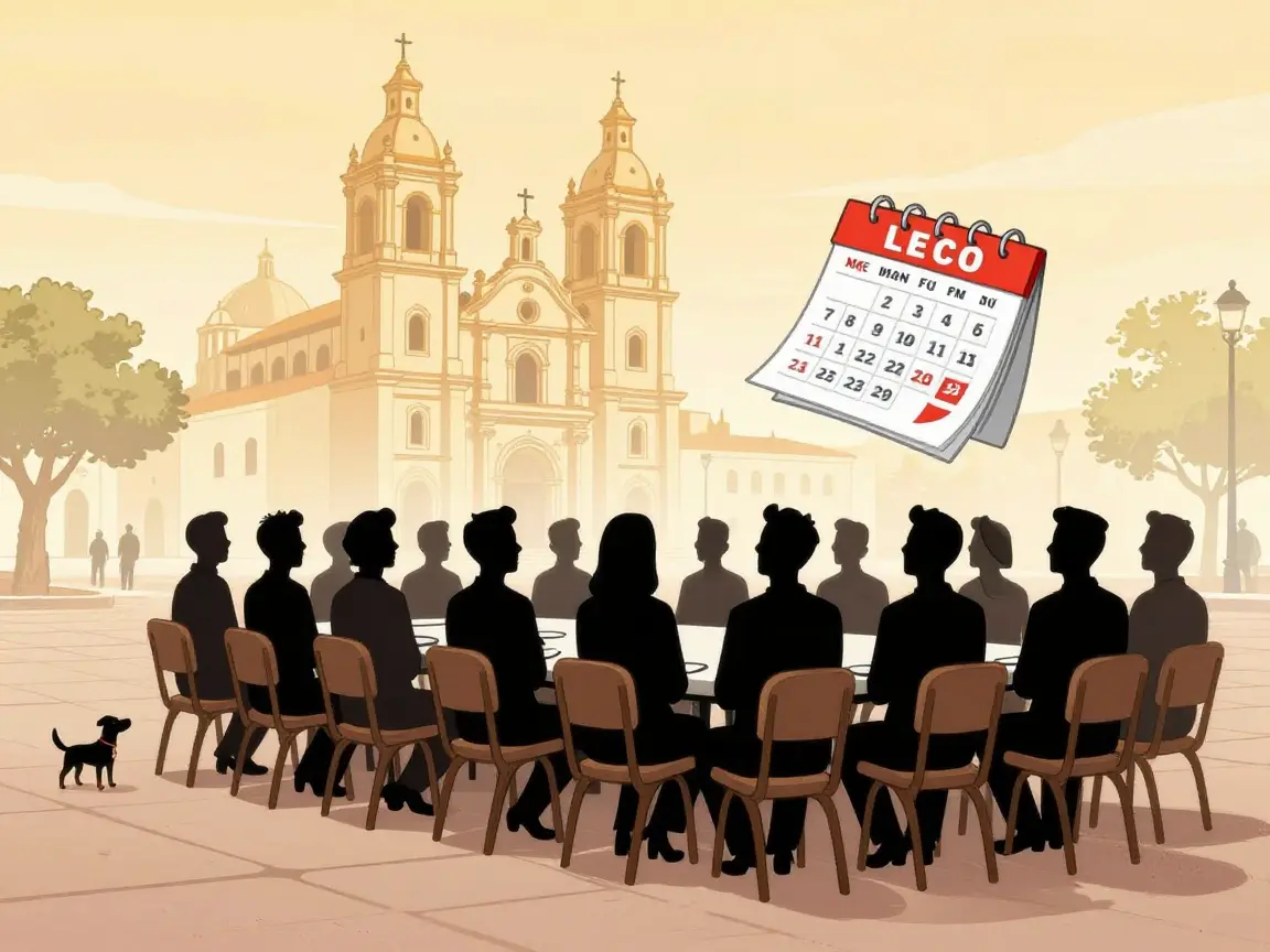 Caricatura de una fila de siluetas ante una mesa con sillas frente a una catedral colonial.