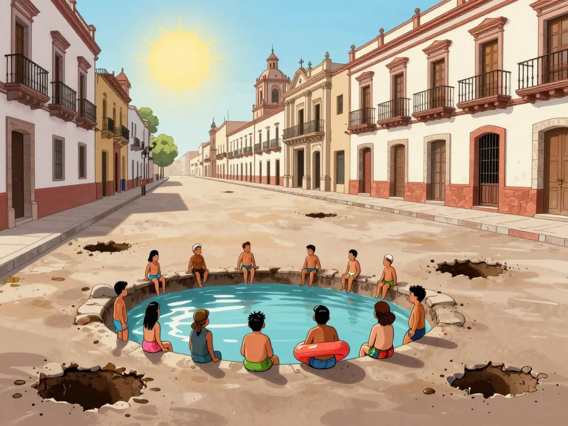 Personas de espaldas junto a un enorme bache lleno de agua en una calle colonial.
