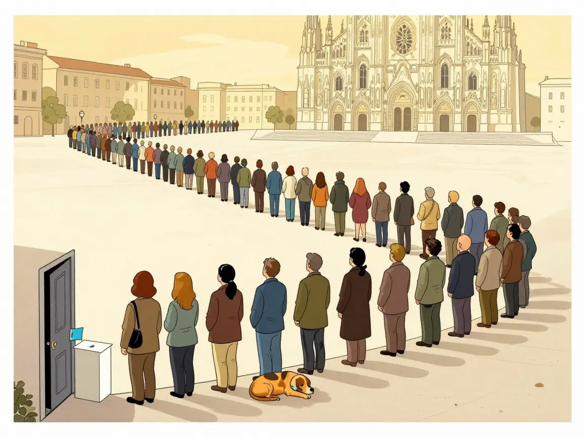 Una larga fila de personas genéricas frente a una urna en una plaza con catedral.