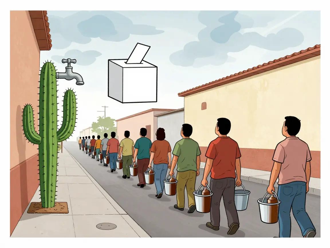 Caricatura de vecinos de espaldas haciendo fila con cubetas frente a una llave en una calle.