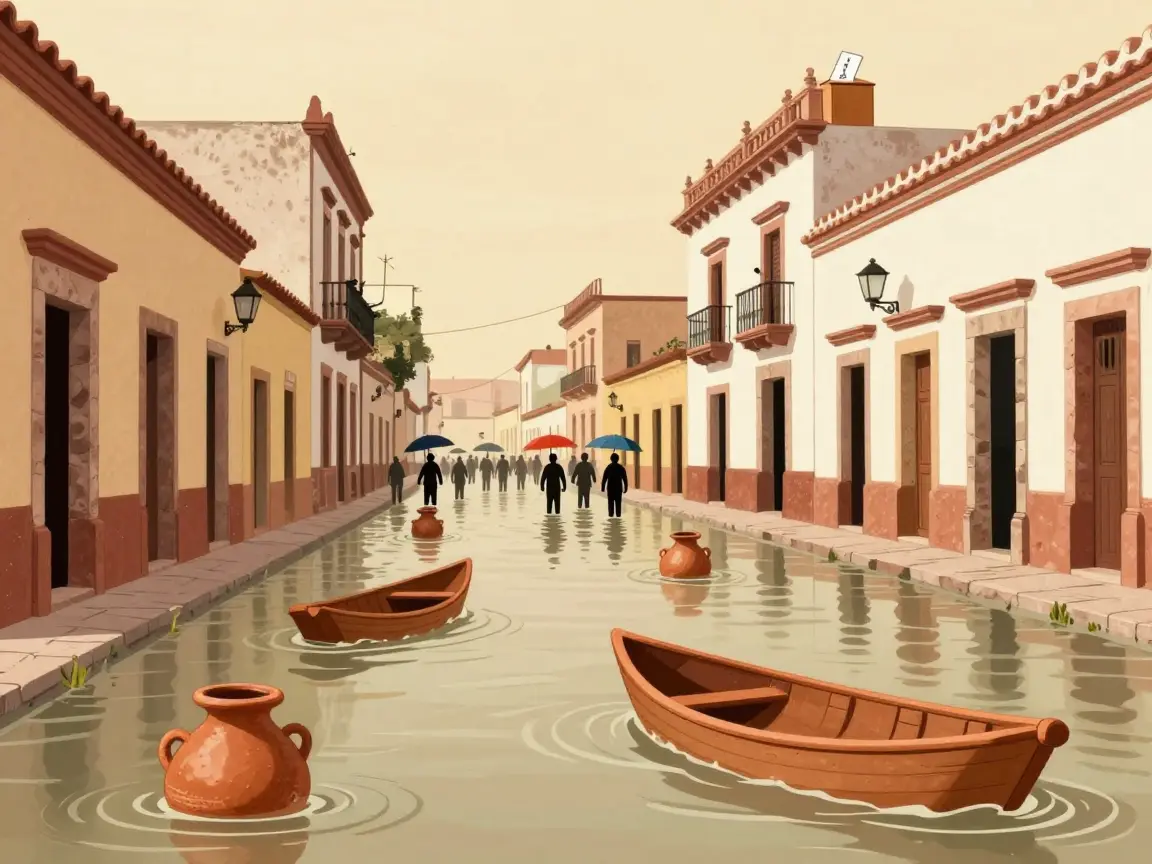 Caricatura de una calle inundada con ollas de barro flotando y personas lejanas con paraguas.