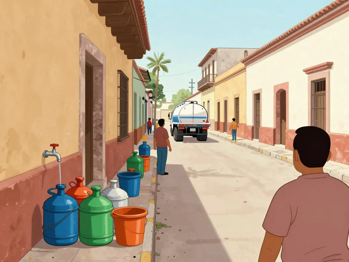 Calle con fila de cubetas y tinacos esperando una pipa de agua