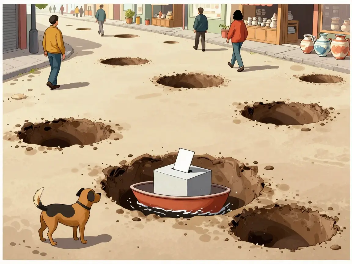 Urna flotando en un bache en una calle de pueblo alfarero