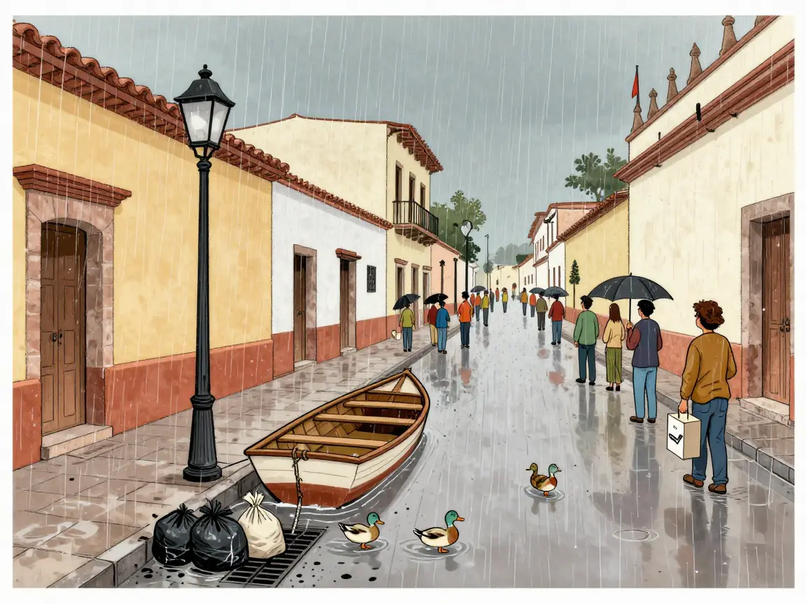 Caricatura de una calle inundada con un bote atado a un poste y patos junto a una alcantarilla tapada por basura.