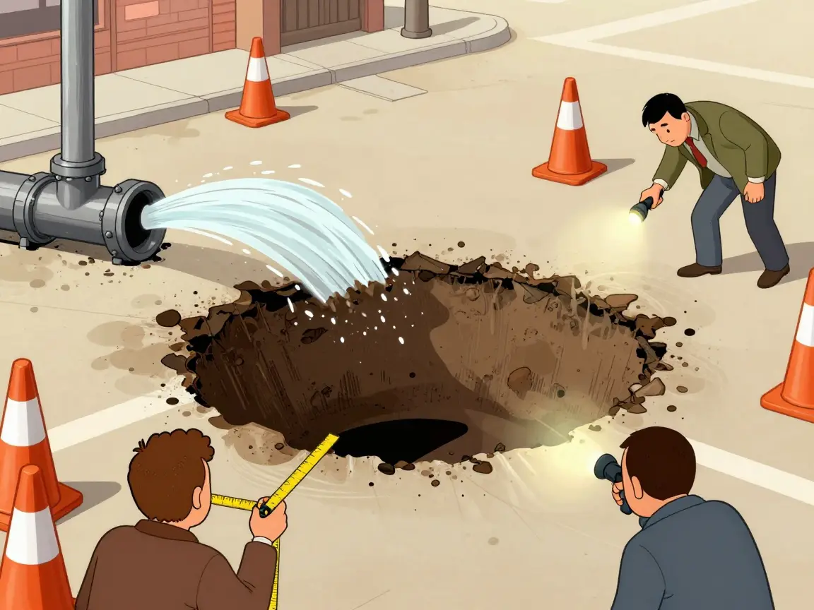 Caricatura de un bache enorme en una avenida con una fuga de agua y conos de tráfico alrededor.