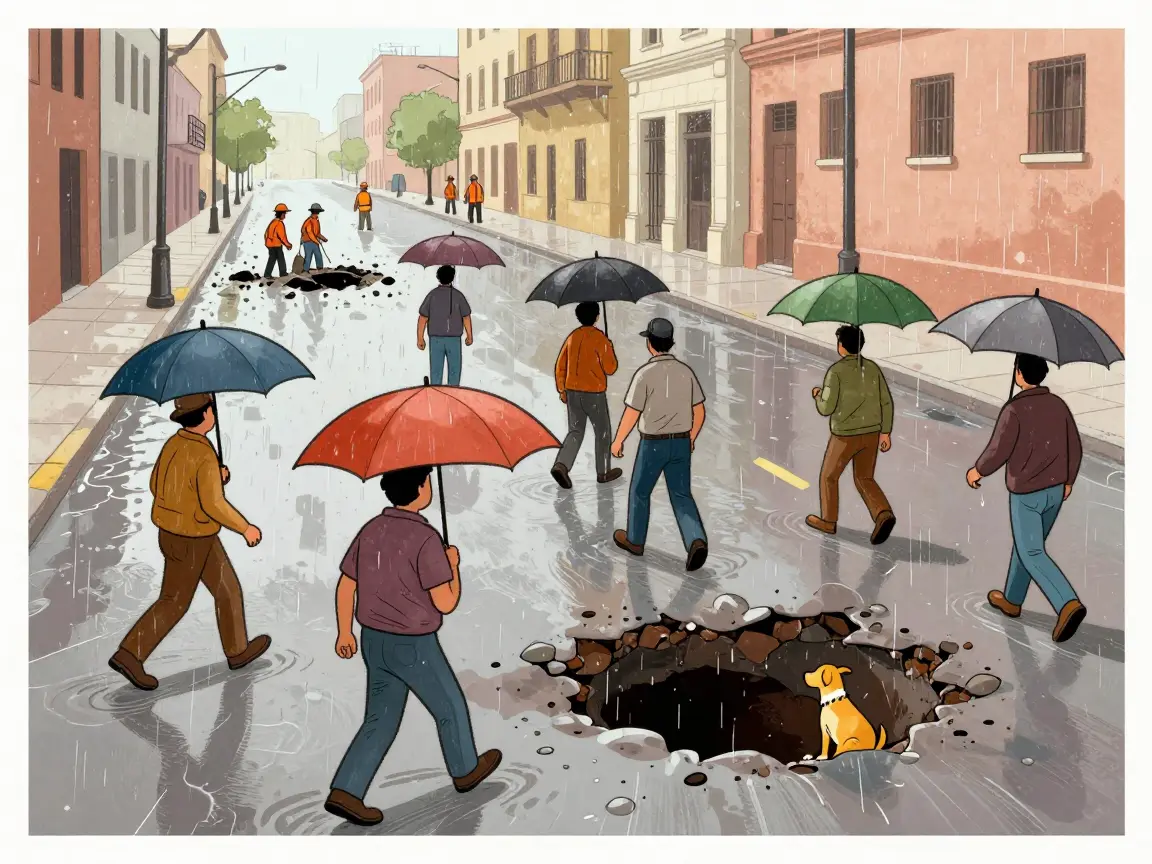 Caricatura de una calle con baches y charcos tras la lluvia, con peatones de espaldas y cuadrilla reparando al fondo.