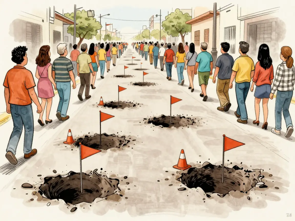 Caricatura de una calle con baches enormes y conos como si fueran banderas de campaña.