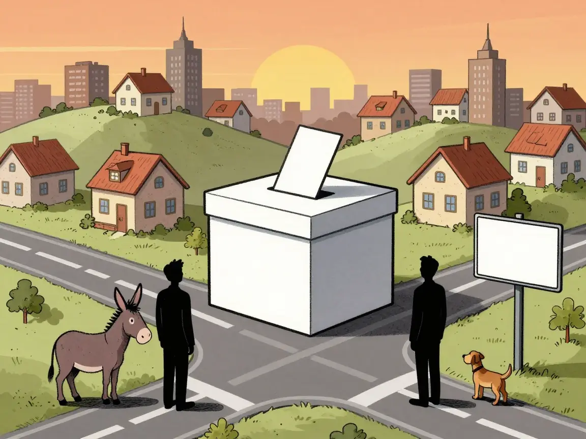 Caricatura de tres siluetas de espaldas ante tres caminos y una urna grande, con un perro confundido.