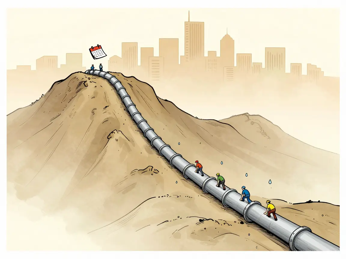 Caricatura de una tubería larga subiendo una montaña hacia una ciudad, con obreros diminutos empujando gotas de agua.
