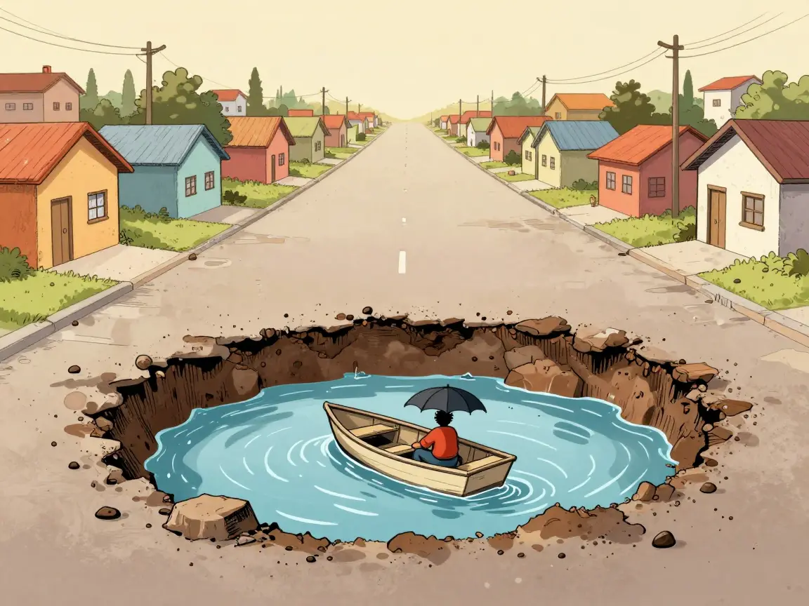 Caricatura de un bache inundado en una calle de fraccionamiento con una lancha pequeña.