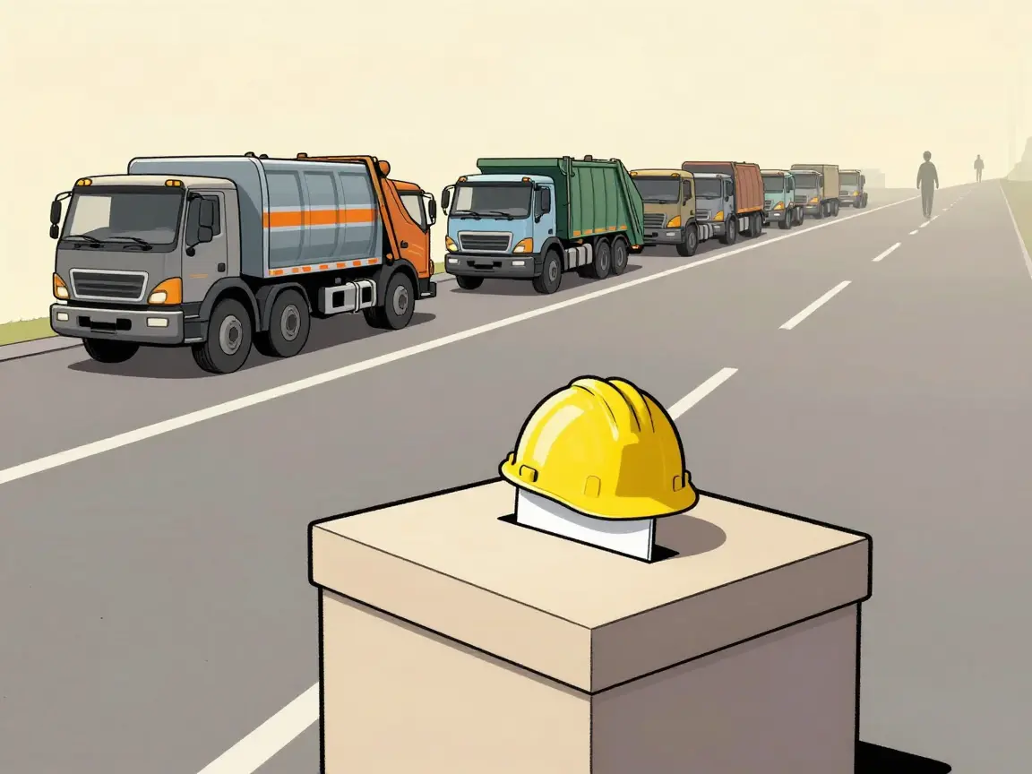Caricatura de una urna con casco junto a pipas y camiones de basura en fila.