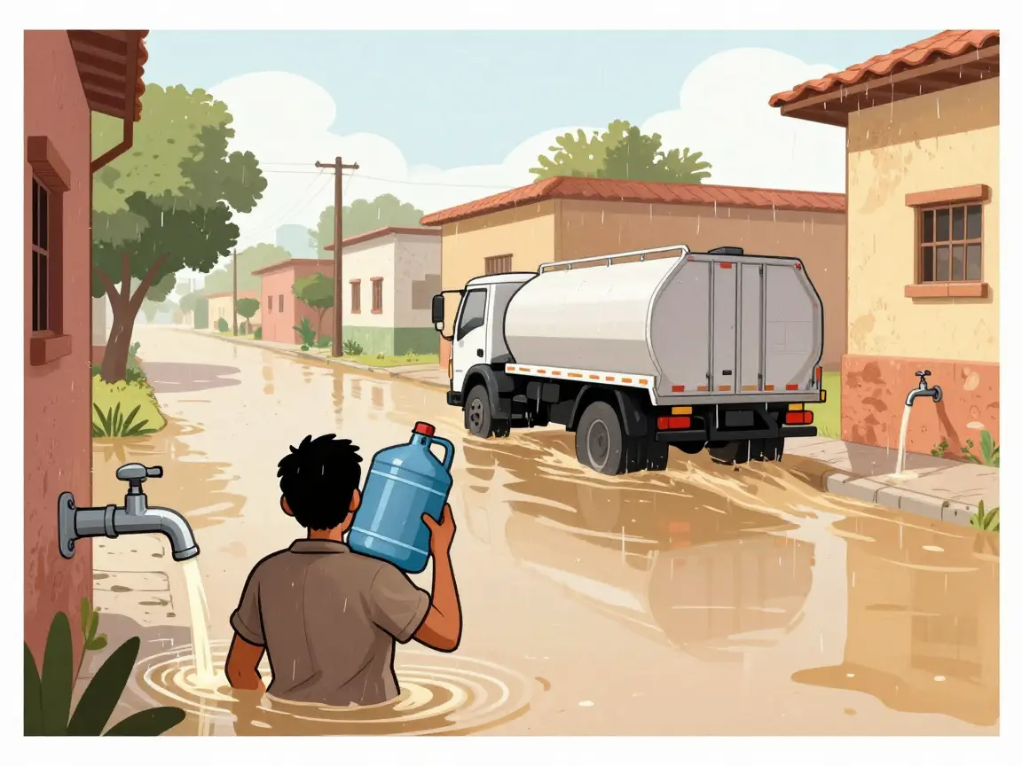 Caricatura de una calle inundada con una persona cargando un garrafón y una llave seca.