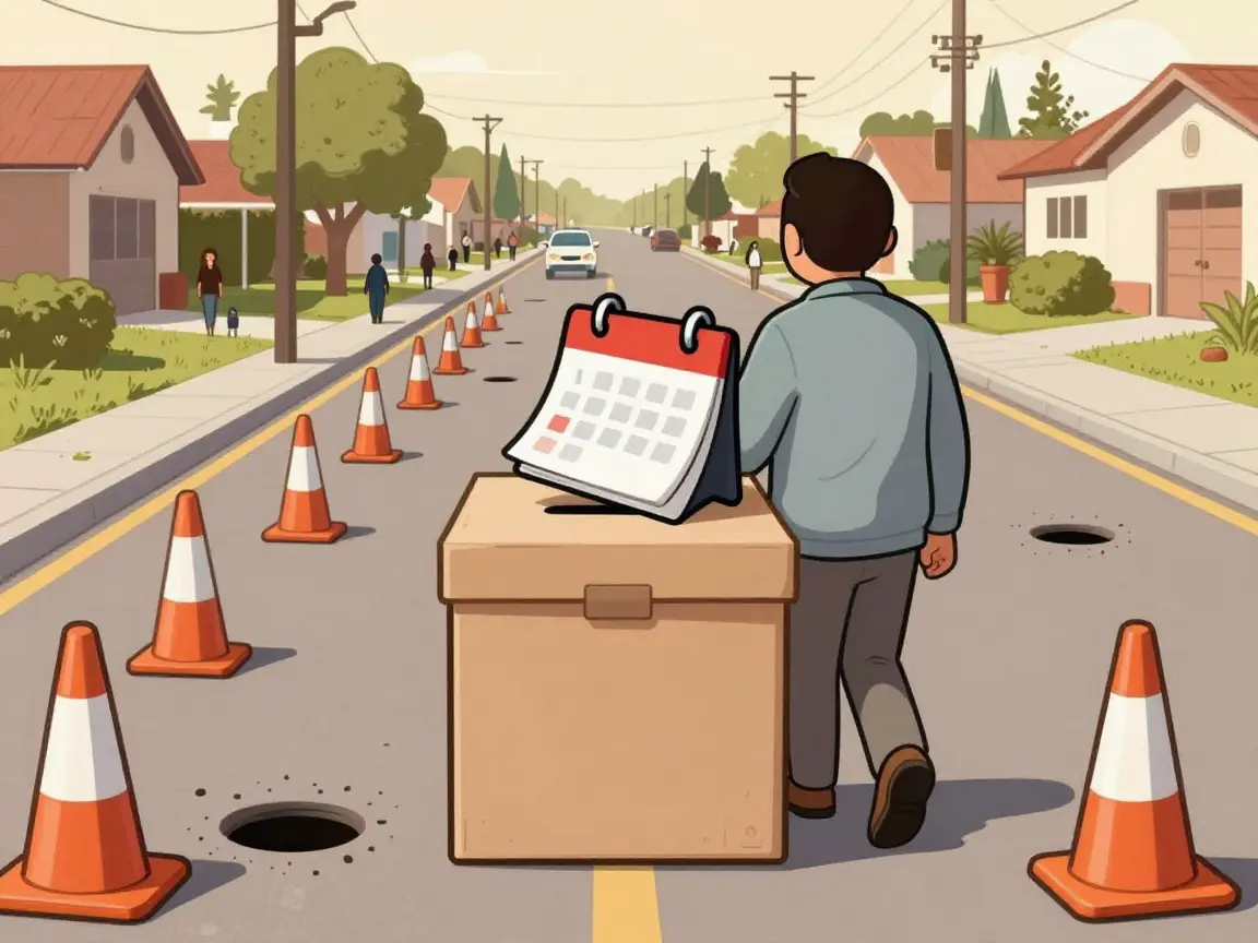 Caricatura de una urna con calendario avanzando por una avenida con conos y baches.