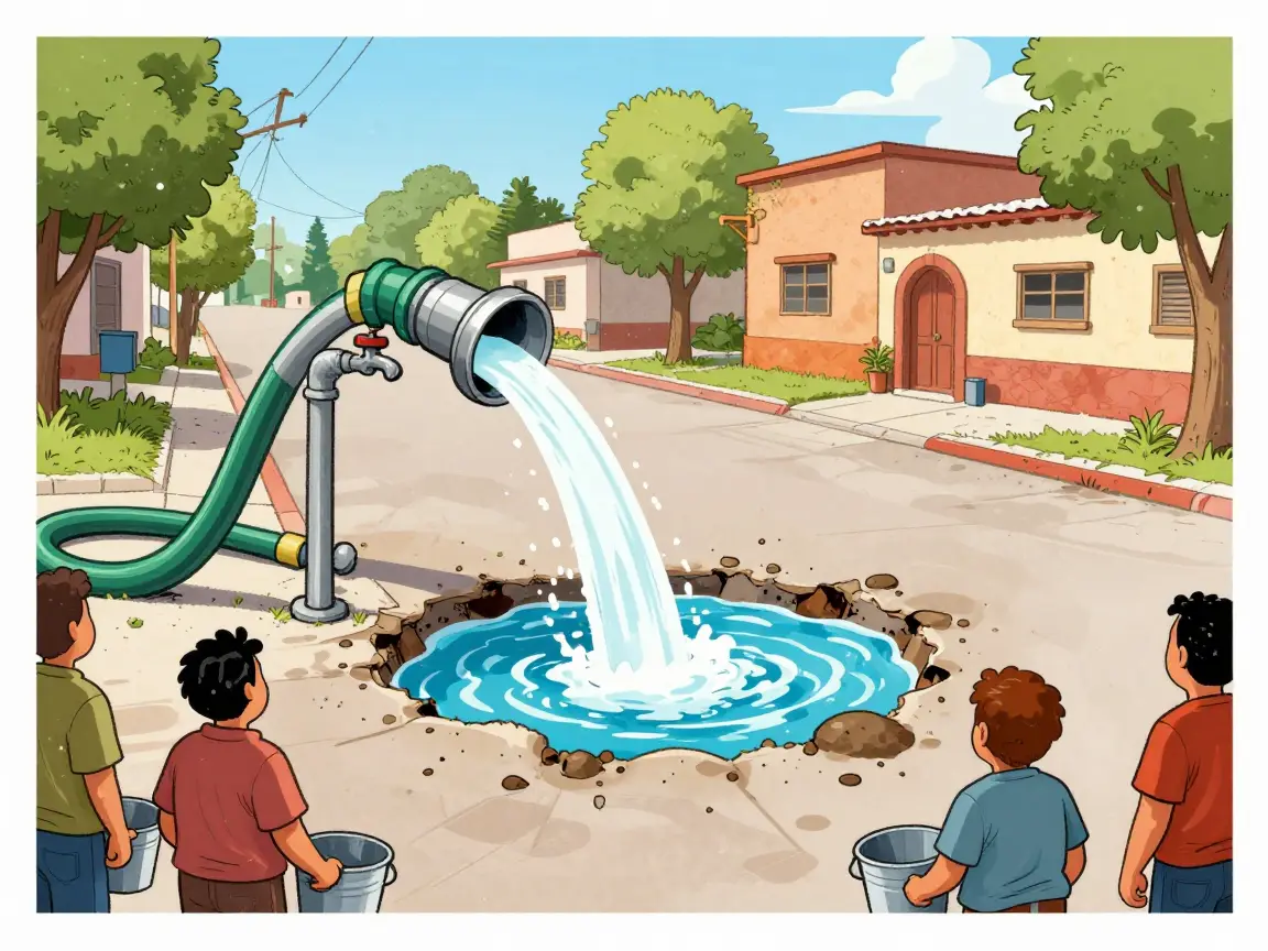 Caricatura de un bache convertido en alberca mientras vecinos de espaldas esperan agua con cubetas.