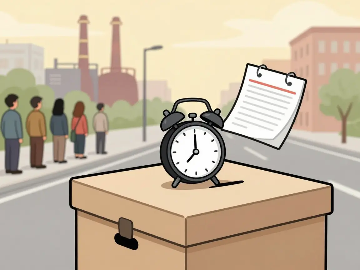 Caricatura de una urna con un despertador en una calle industrial, con ciudadanos genéricos formados al fondo.