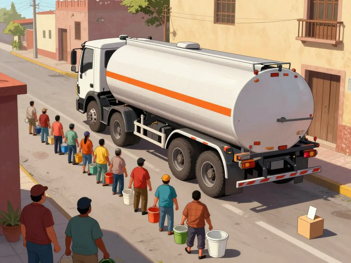 Caricatura de vecinos de espaldas haciendo fila con cubetas junto a una pipa de agua y una pequeña urna al final.