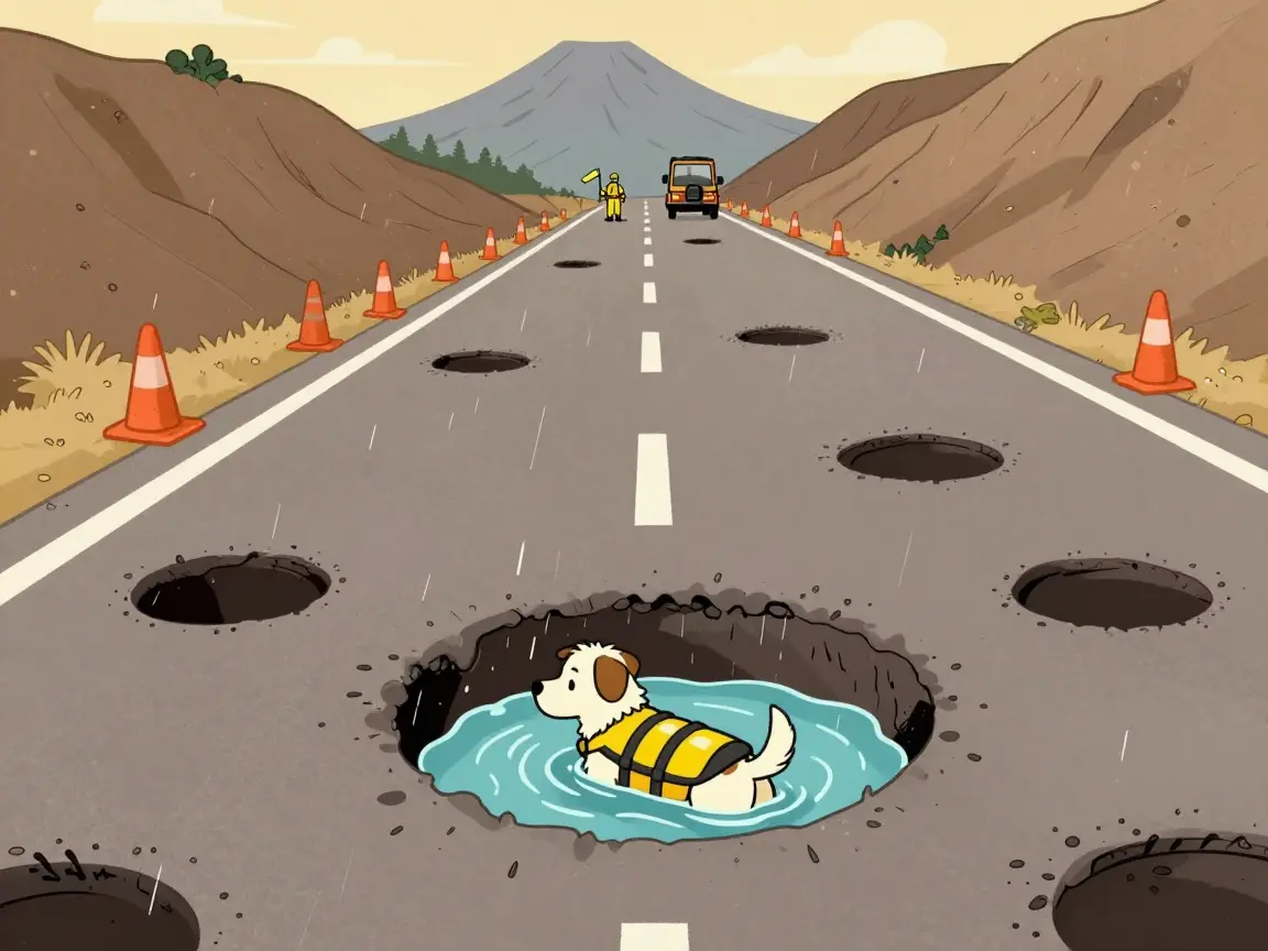 Caricatura de una calle con baches inundados donde un perrito con salvavidas flota, con trabajadores a lo lejos.