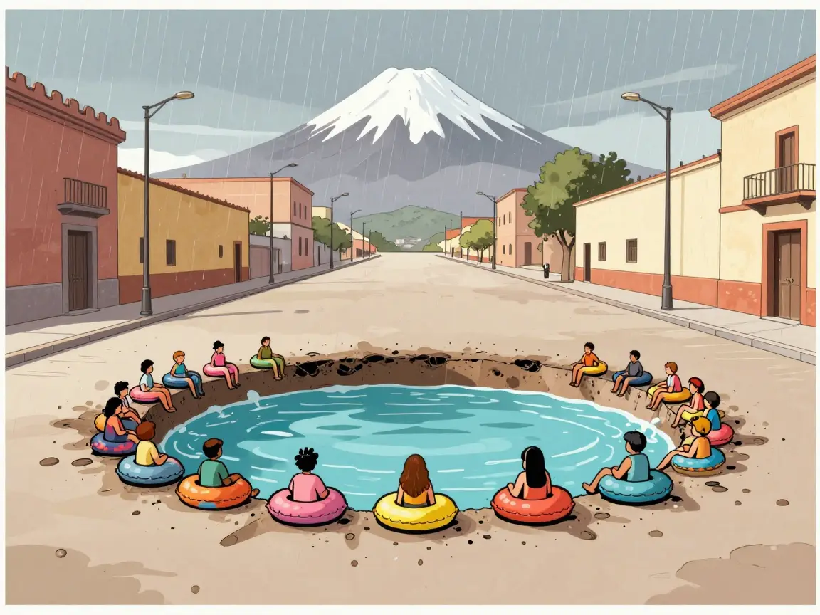 Caricatura de un bache enorme convertido en alberca en una avenida con un volcán al fondo