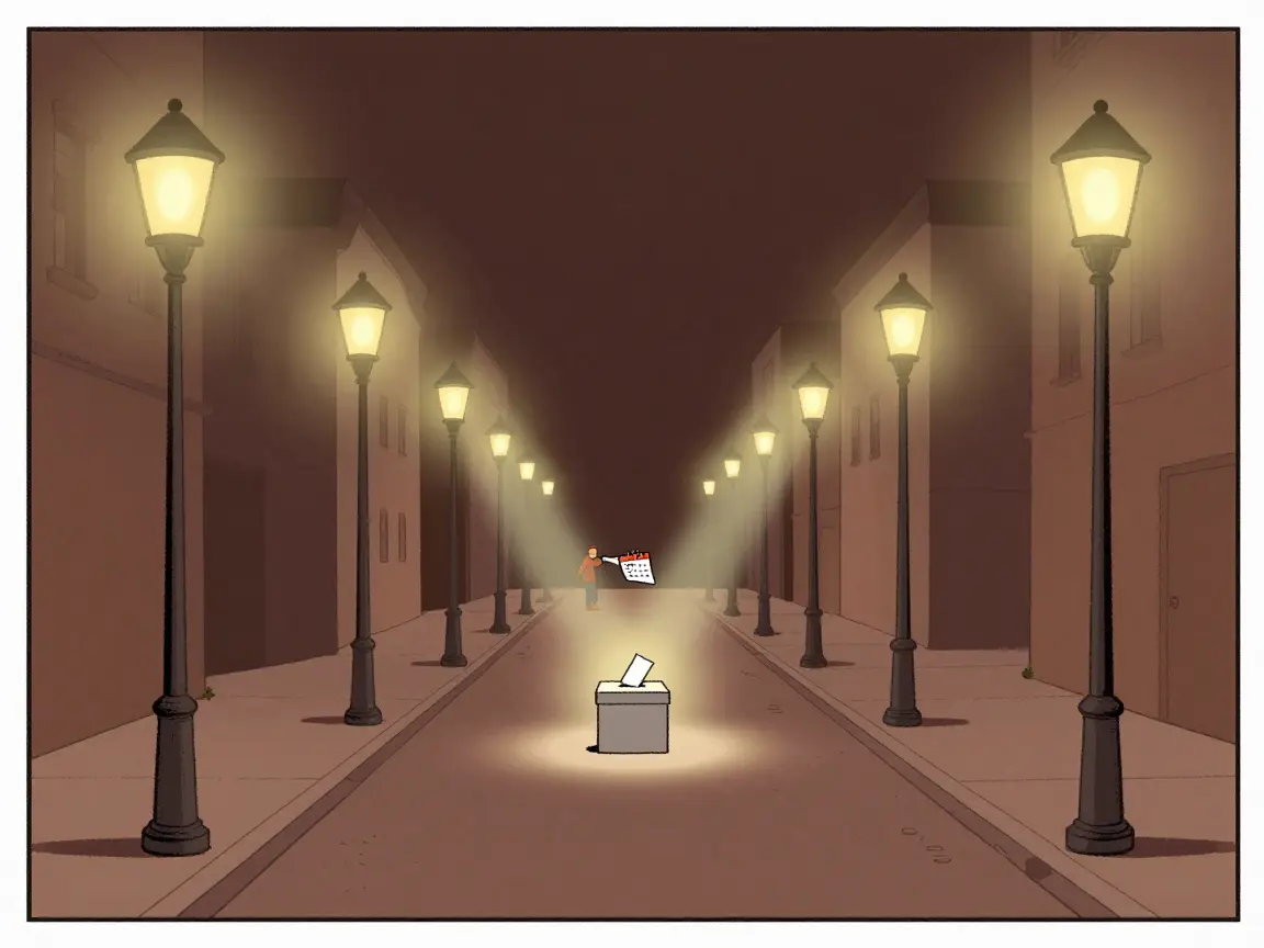 Caricatura de una calle oscura con farolas apagadas y una urna iluminada al fondo
