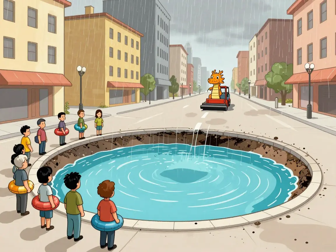Caricatura de un bache enorme convertido en alberca con gente de espaldas y una máquina pavimentadora en forma de dragón a lo lejos.
