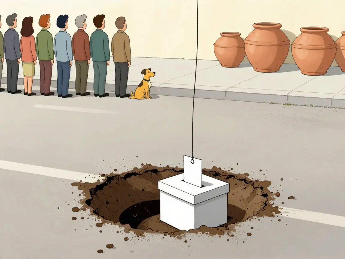Una urna colgada con una cuerda dentro de un bache grande mientras personas lejanas observan.