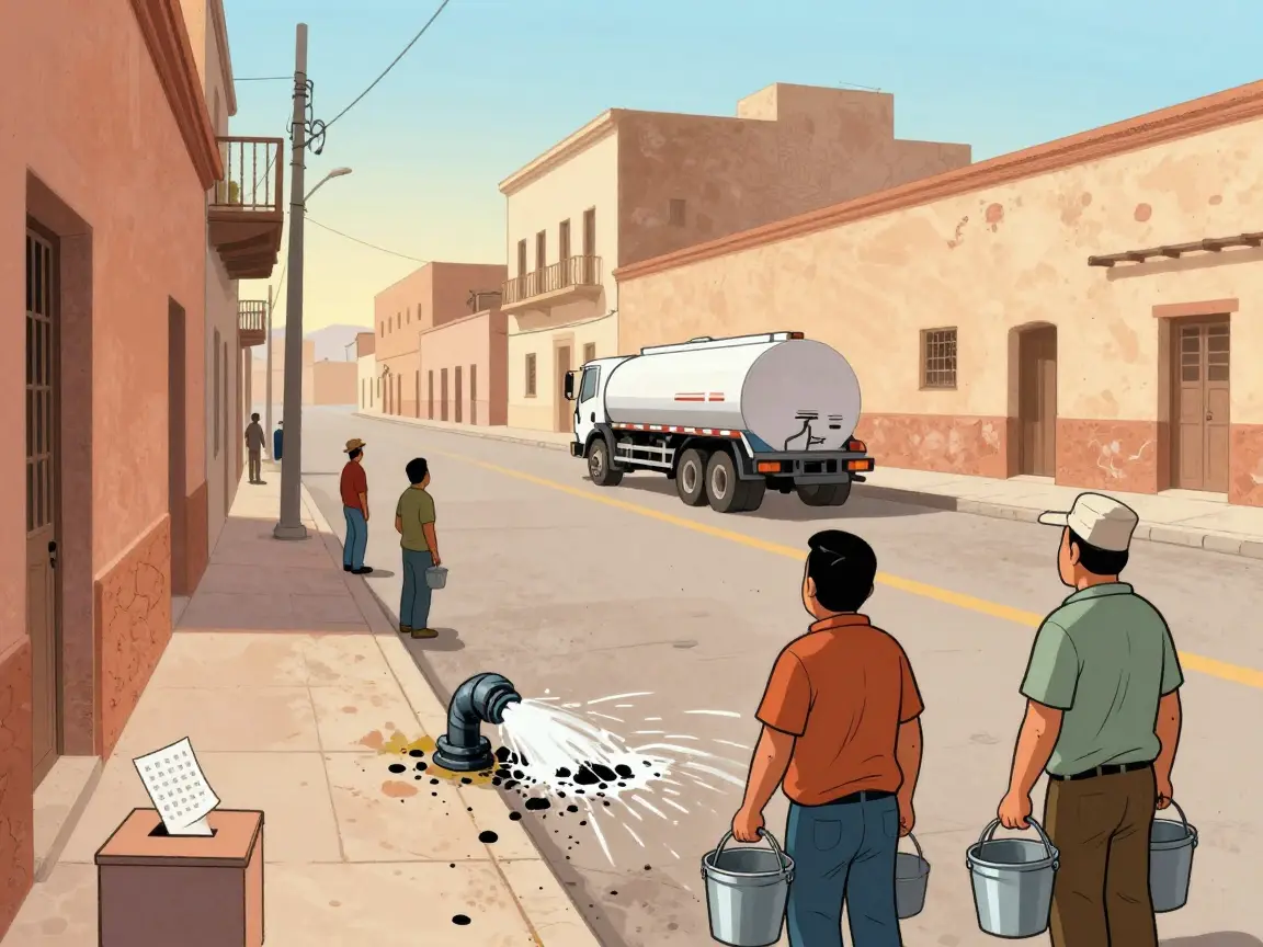 Caricatura de una calle seca con vecinos de espaldas con cubetas vacías junto a una tubería que gotea y una urna pequeña.