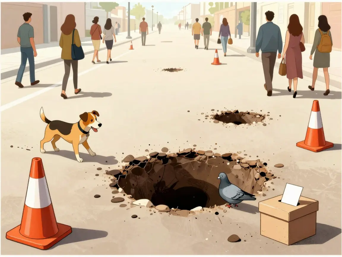 Caricatura de un perro y una paloma asomándose a un bache enorme en una avenida con conos y una urna pequeña.