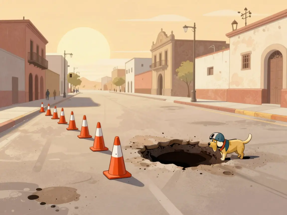 Caricatura de una calle llena de baches con conos y un perro frente a un bache enorme.