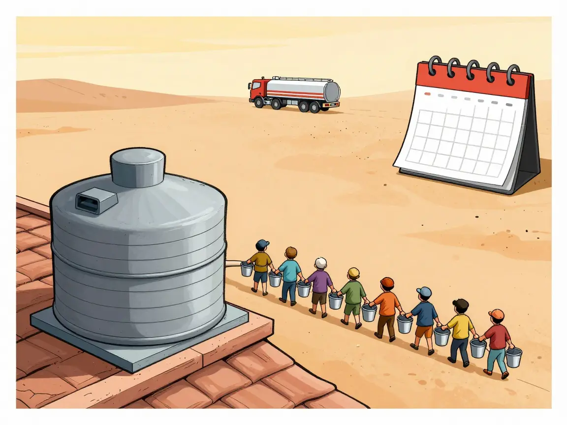 Caricatura de vecinos de espaldas pasando cubetas hacia un tinaco mientras una pipa se ve a lo lejos.