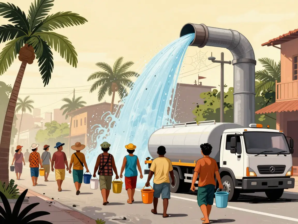 Caricatura de vecinos de espaldas con cubetas frente a una pipa mientras un tubo gigante tira agua.
