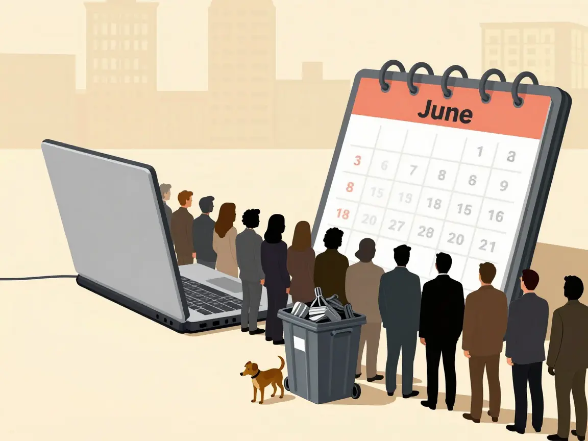 Caricatura de siluetas haciendo fila ante una laptop gigante junto a contenedores de basura desbordados.