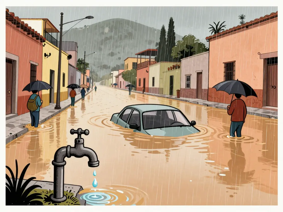 Caricatura de una calle inundada mientras una llave de agua gotea una sola gota.