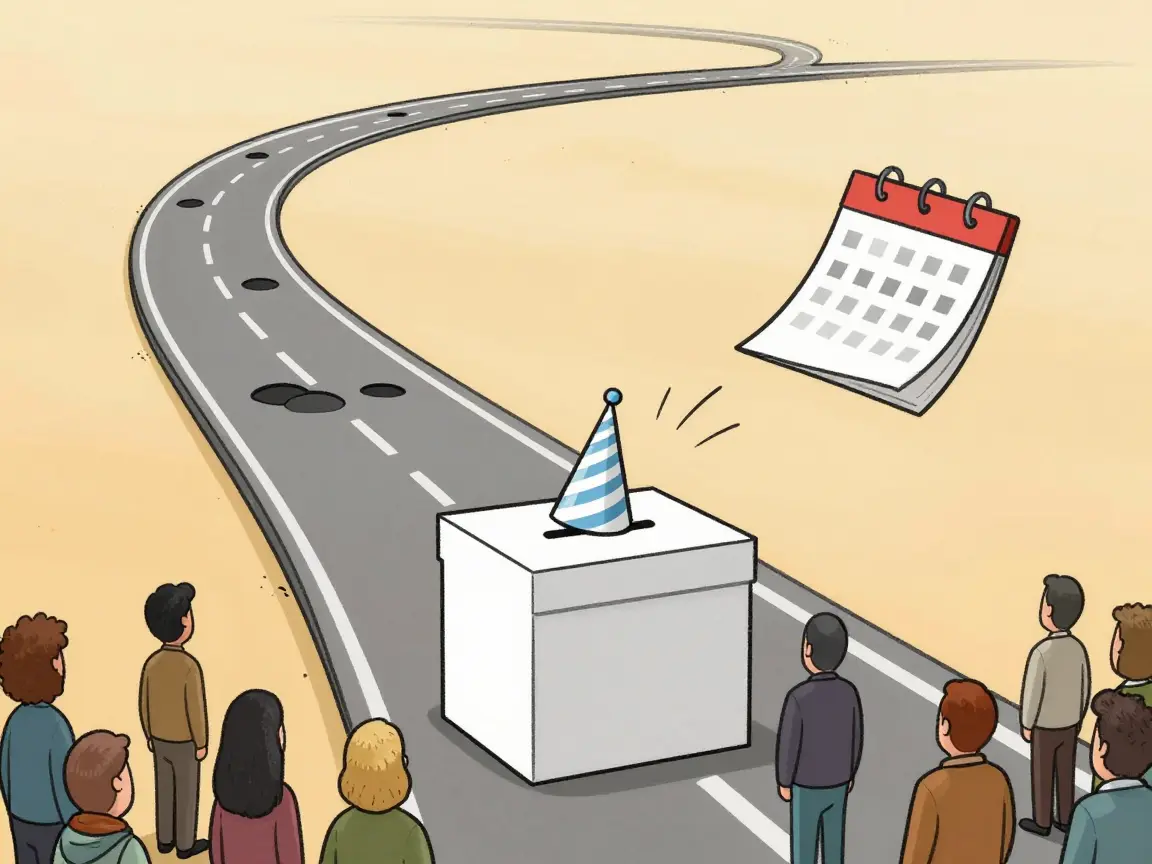 Caricatura de una urna al final de un camino con baches y gente caminando hacia ella.