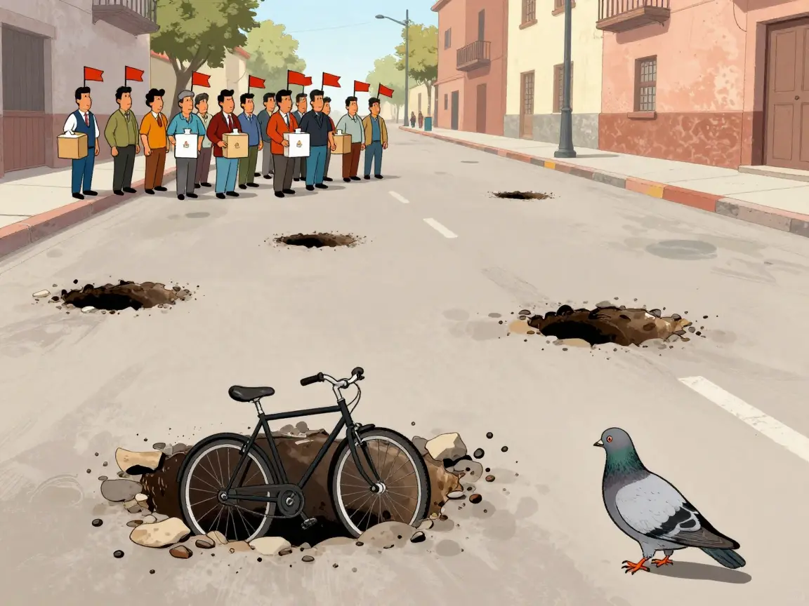 Caricatura de una calle con baches enormes y gente lejana con urnas y banderitas.