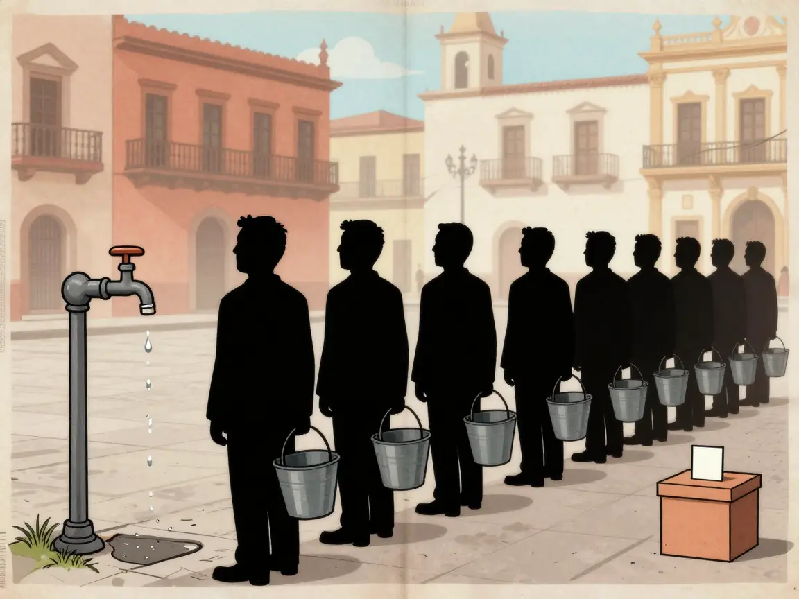 Caricatura de una larga fila de personas de espaldas con cubetas vacías frente a una llave que gotea, con una urna al final.