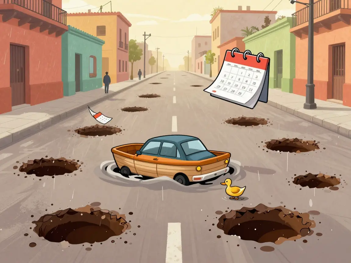 Caricatura de una calle con baches inundados donde un coche flota como barco y un pato nada cerca.