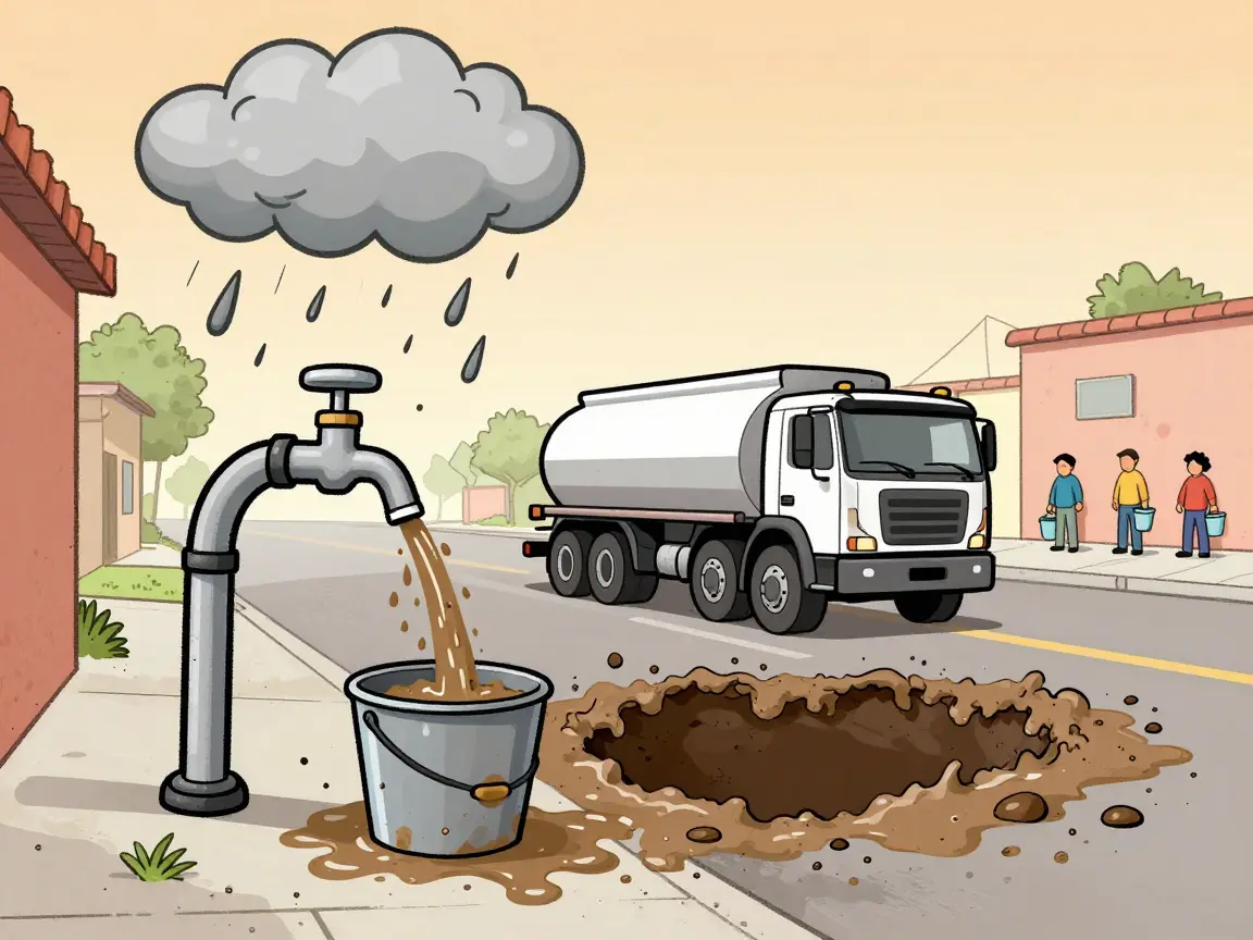 Caricatura de una calle con agua turbia en la llave, inundación en la esquina y una pipa atorada en baches.