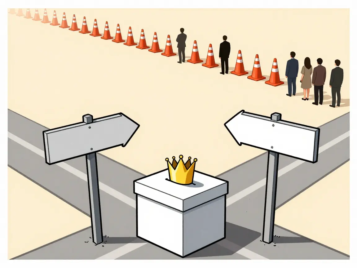 Caricatura de una urna con corona en una encrucijada con conos de tráfico y siluetas lejanas.