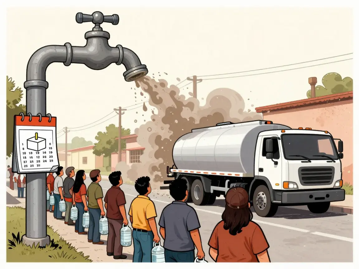 Caricatura de vecinos de espaldas con garrafones frente a una pipa que recibe agua turbia.
