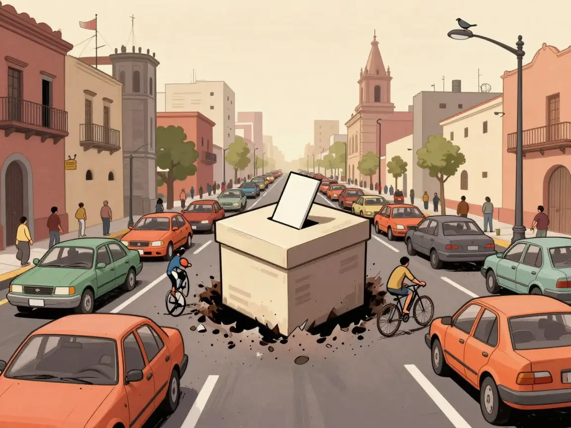Caricatura de una avenida con tráfico y un bache con forma de urna.